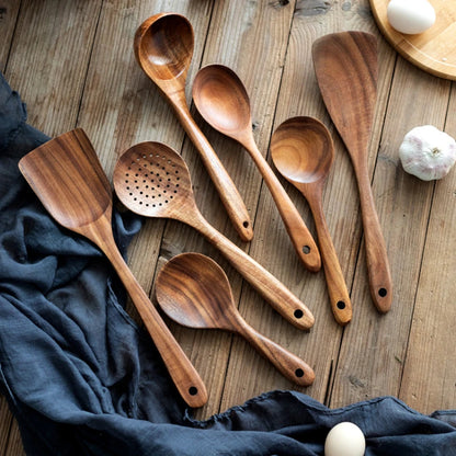 Kitchen Utensils Set Thailand Teak Wood Tableware Set Spoon Ladle Rice Colander Soup Skimmer Kitchenware Cooking Tools