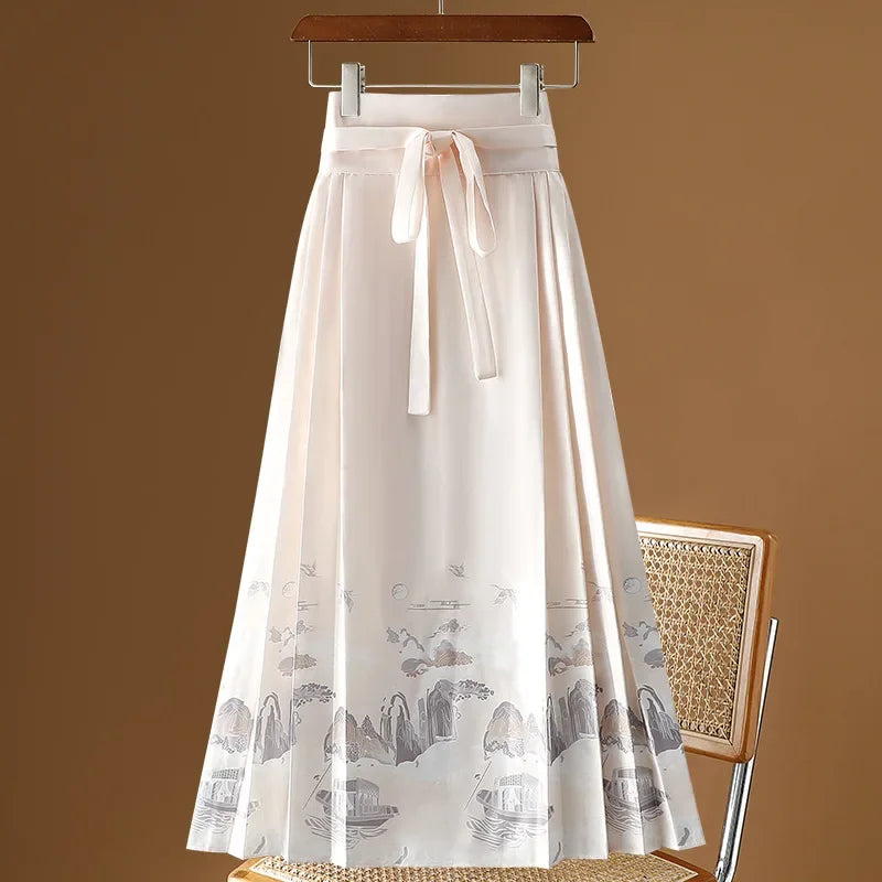 Maxi Chinese Style Horse Face Skirts Women Hanfu Vintage Harajuku Saia Casual Long Print Pleated Skirt Woman Clothing Faldas