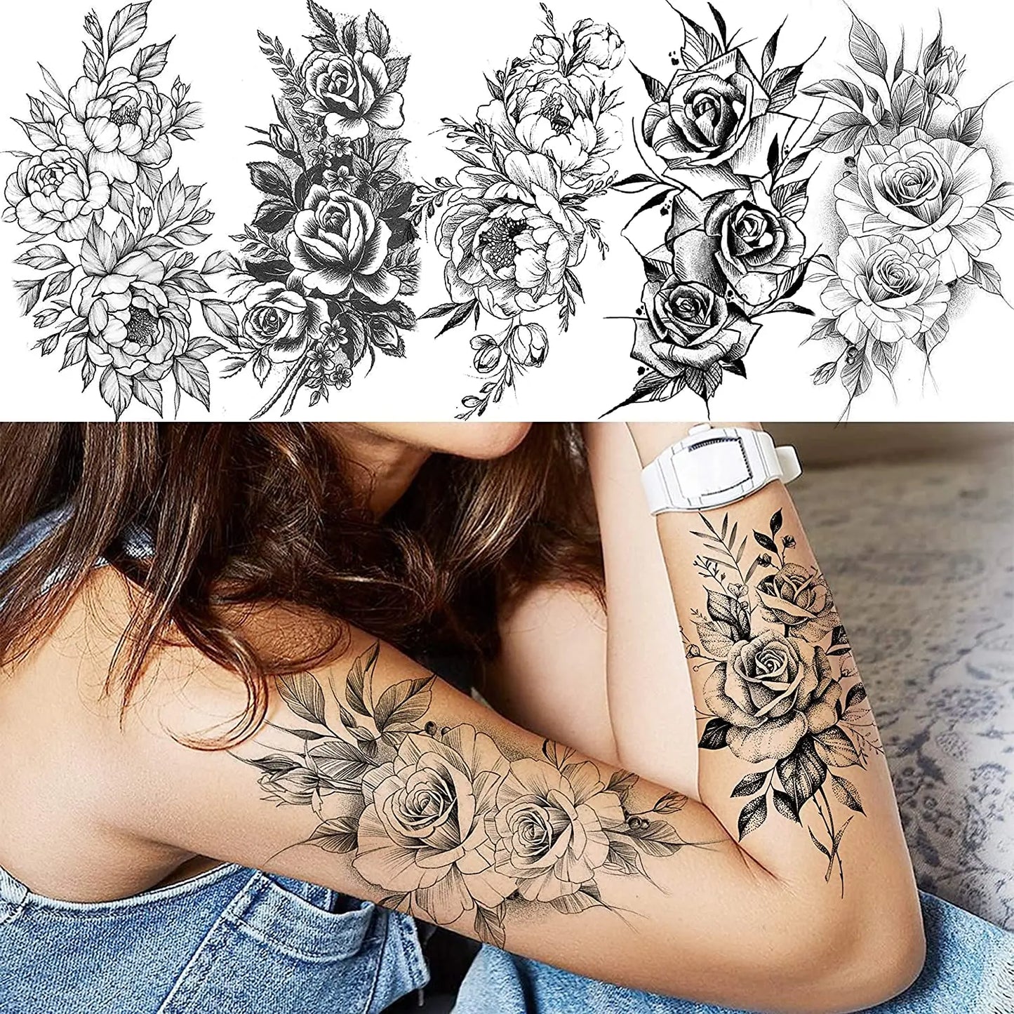 10 hojas de tatuajes temporales de flores para mujeres, tatuajes falsos para brazos y piernas, calcomanías realistas de rosas negras, peonías, serpientes, tatuajes sexys, arte corporal