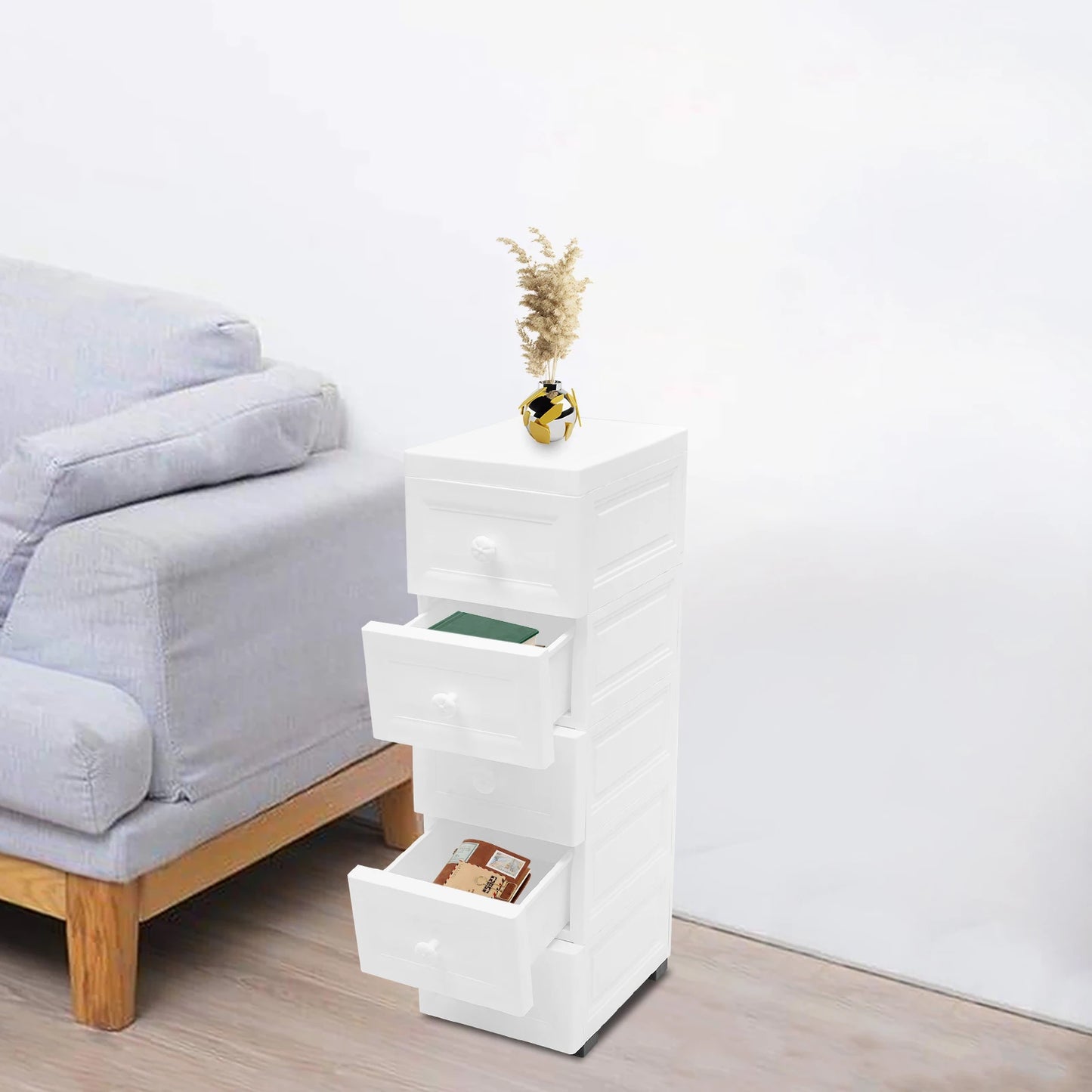 White Floor Standing Storage Cabinet with 5 Drawers Multipurpose Cabinet Bathroom Shelf Living Room Cabinet