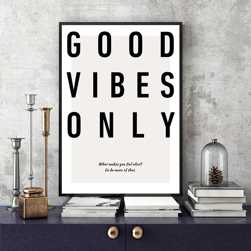 Minimalist Black White Motivational Quotes Poster and Print Canvas Painting Letter Good Vibes Only Wall Art Modern Home Decor