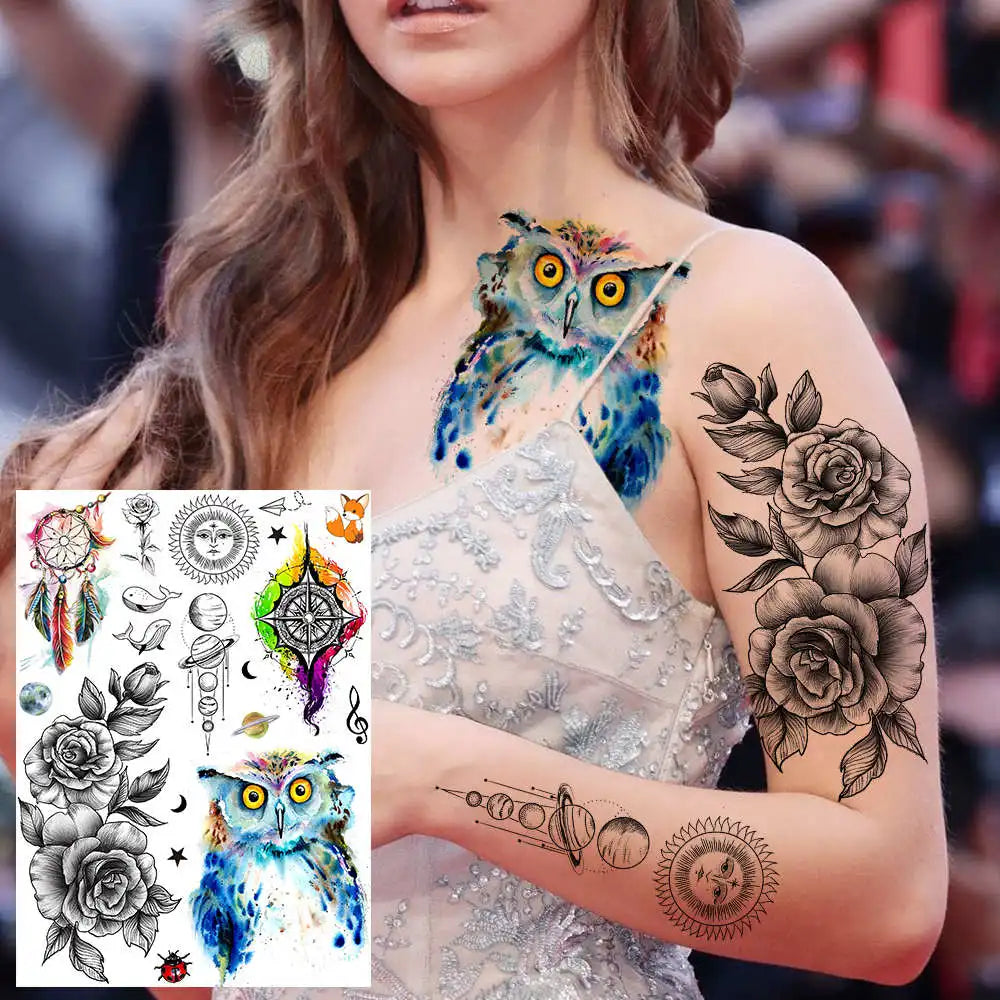 6 hojas de tatuajes temporales de acuarela de león, tigre y lobo para mujeres y hombres, tatuajes adhesivos para el brazo, tatuajes temporales de esqueletos de flores falsas