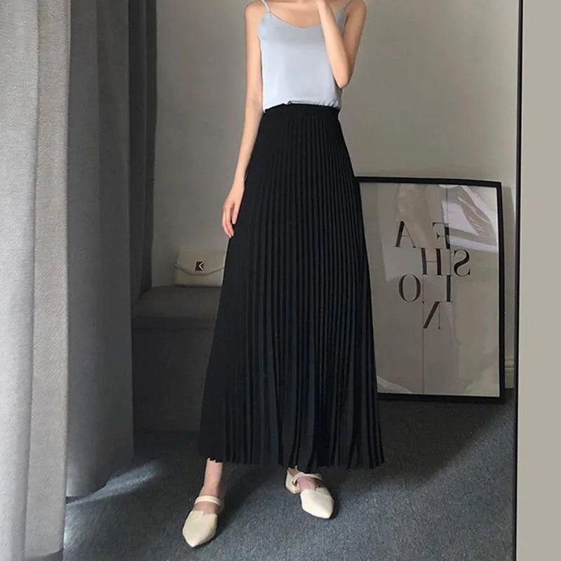 Spring Autumn Women's Pleated Skirts Korean Fashion High Waist Office Lady Long Skirt New Solid Color All-Match A-Line Skirts