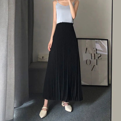 Spring Autumn Women's Pleated Skirts Korean Fashion High Waist Office Lady Long Skirt New Solid Color All-Match A-Line Skirts