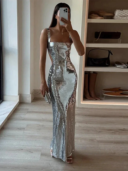 Sequins Sexy Backless Slip Maxi Dress Women Silver Sleeveless Slim Hip Package Evening Party Dresses 2024 Summer Club Robe