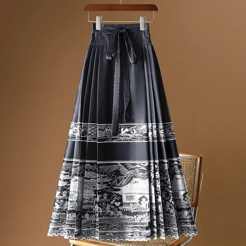 Maxi Chinese Style Horse Face Skirts Women Hanfu Vintage Harajuku Saia Casual Long Print Pleated Skirt Woman Clothing Faldas