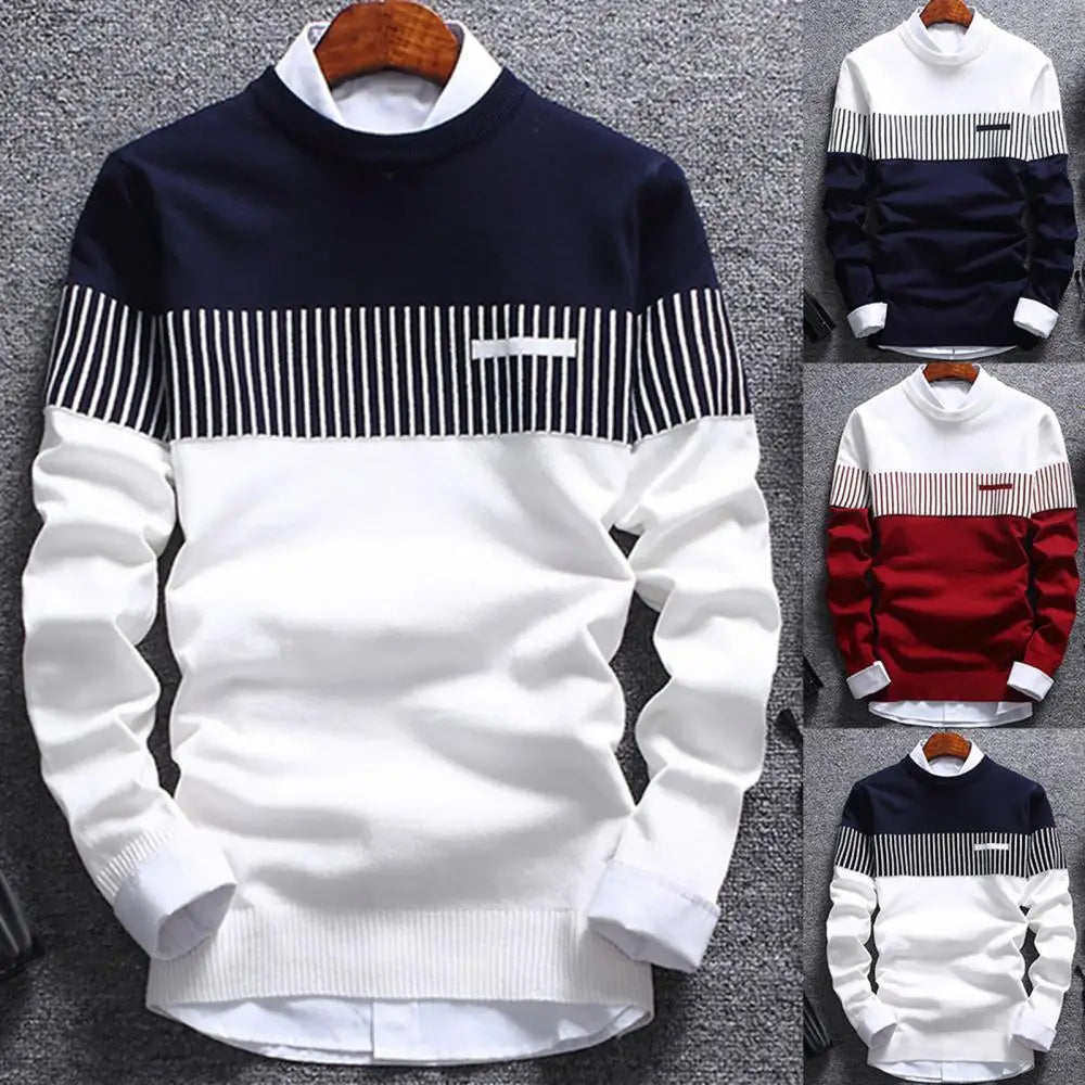 Fashion Men striped Sweater pullover Color Block Patchwork O Neck Long Sleeve Knitted Sweater Top Blouse For Warm Men's Clothing