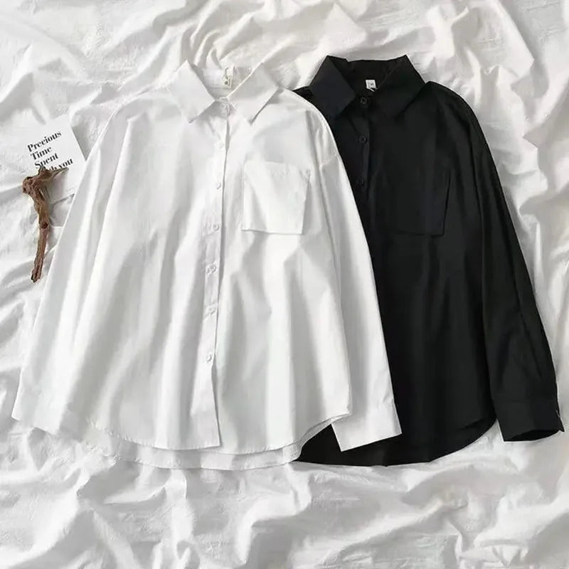 Black White Casual Shirt Women JK Preppy Style Long Sleeve School Shirts Girl Harajuku Loose Turn Down Collar Button Up Blouses