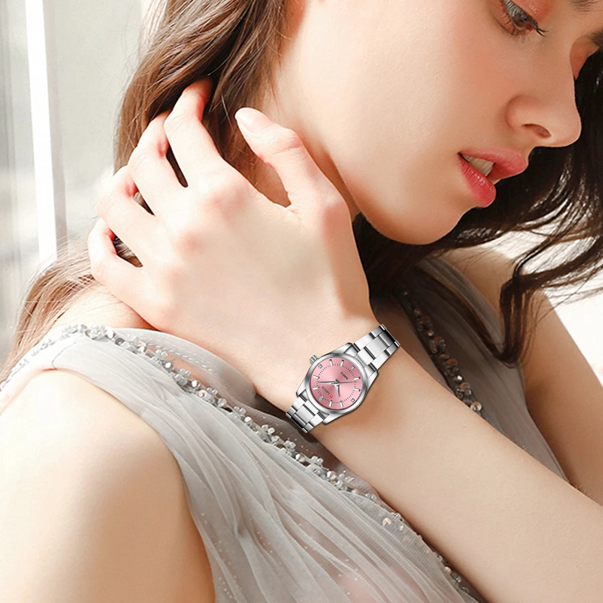 Luxury Women's Watch 29mm Fashionable Stainless Steel Rhinestone Pink Minimalist Girl Clock Outdoor Travel Women Wrist Watches