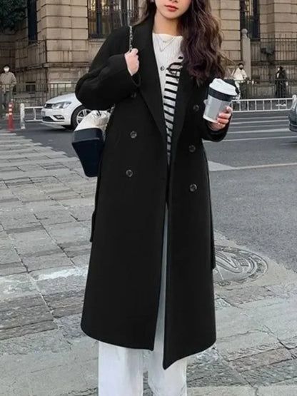 Korean Fashion Women Casual Loose Woolen Coat Elegant and Chic Solid Outerwear Long Overcoat with Belted Female Warm Cloak