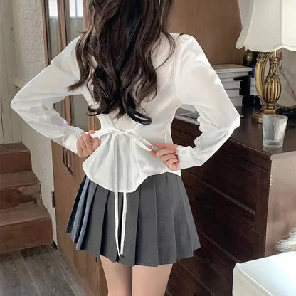 Xpqbb Women's White Shirt Korean Preppy Style Long Sleeve Turndown Collar Blouse School Girl Uniform Student Slim Shirts 2024