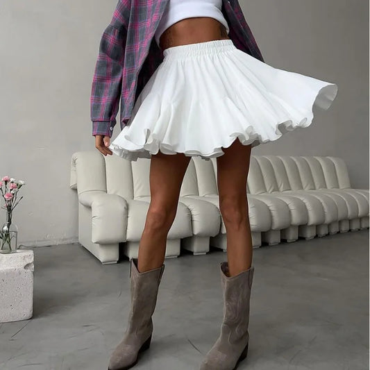 White Ruffles Pleated Mini Skirts For Women Summer Elegant Women's Fluffy High Waist A-Line Skirts Fashion Street Short Skirt