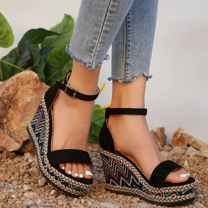 2024 Summer New European and American Fashion Simple Ethnic Style Slope Heel Sandals with One Button High Heel Women's Shoes