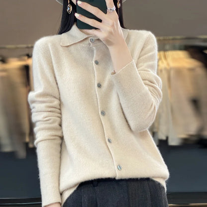 Women Merino Wool Sweater Polo Collar Tailored Cardigan Autumn Winter Cashmere Casual Knitwear Loose Soft Jacket Bottoming Tops