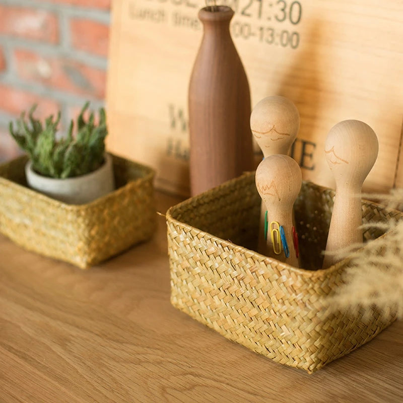 Flower Storage Baskets Seagrass Rattan Basket Woven Straw Storage Box Container Sundries Organizer Snack Store Storage Baskets