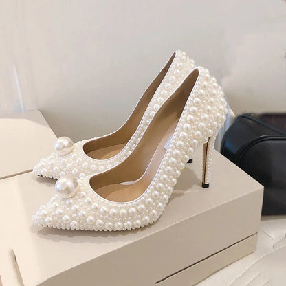 Summer sweet beige pearl hollow fish mouth fine high-heeled bridal wedding shoes large size banquet dress female sandals