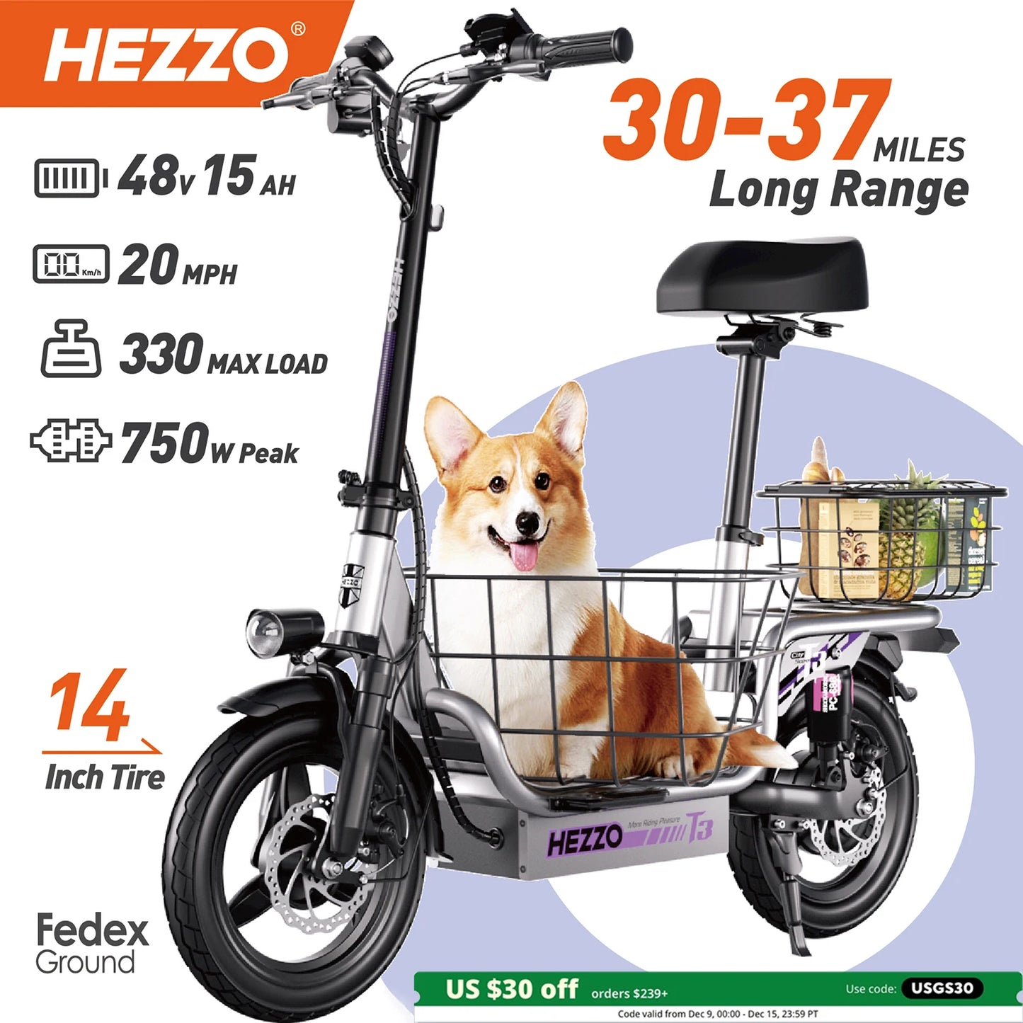 HEZZO Foldable Electric Scooter Seat & Basket 48V 15Ah 500W Full Suspension Powerful T3 Commute Escooter 20Mph 37Miles LongRange