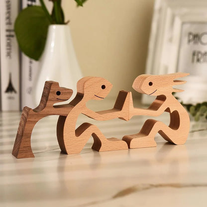 Cute Wood Dog Human Statue Craft Figurine Desktop Table Ornament Carving Model Home Room Decoration Pet Sculpture Christmas Gift