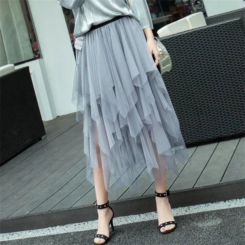 Fashion Summer Tutu Women Skirt Harajuku Tulle Bottom Faldas Casual High Waist Midi Mesh Skirts Woman Clothes Saia Jupe Femme