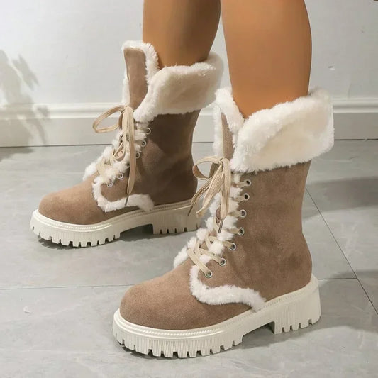 Thicken Plush Snow Boots for Women Winter Faux Fur Platform Ankle Boots Woman Mid-calf Lace-up Snow Boots Thickened Cotton Shoes