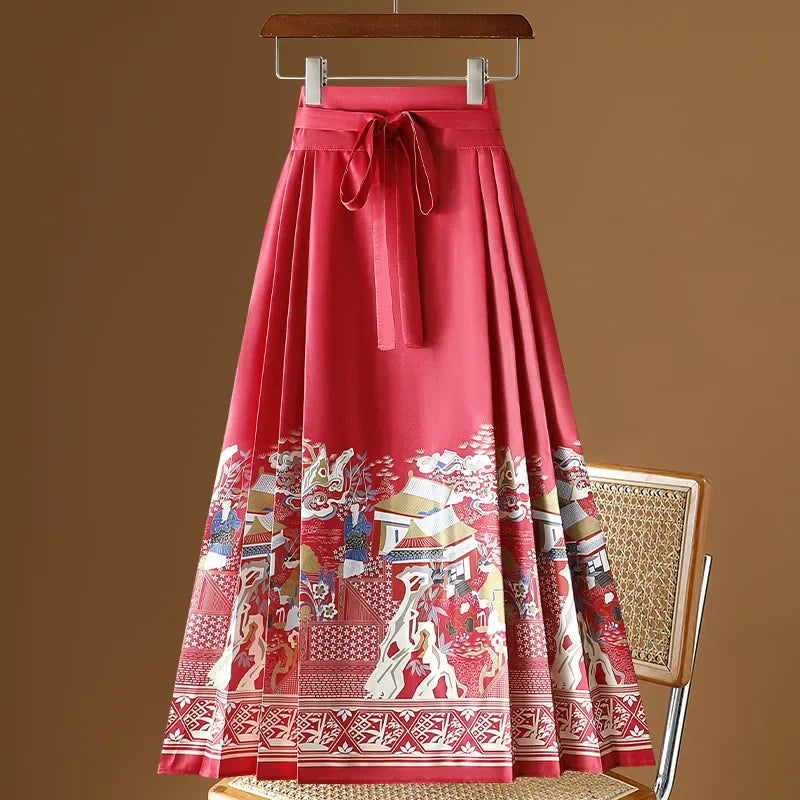 Maxi Chinese Style Horse Face Skirts Women Hanfu Vintage Harajuku Saia Casual Long Print Pleated Skirt Woman Clothing Faldas