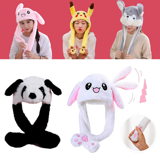 2022 New Rabbit Women's Hat Beanies Plush Can Moving Bunny Ears Hat with Earflaps Movable Ears Boys Girls Children's Animal Caps