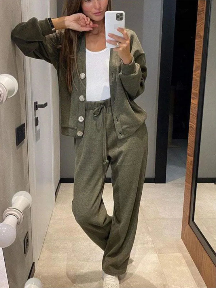 Autumn Winter Women's Clothing Fashion Single Breasted Casual Sports Suit Cardigan Top Lace Up Pants Two-piece Set Women