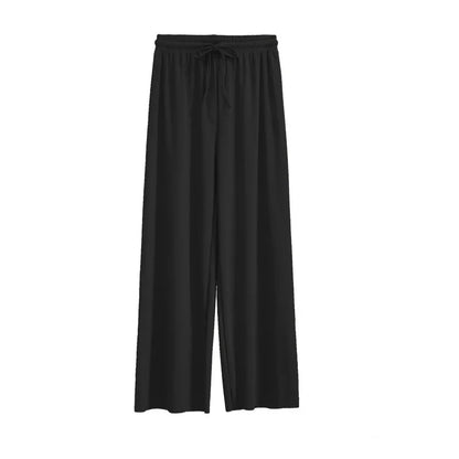 Women Wide Leg Long Pants Casual Solid Elastic Waist Loose Ankle-Length Ice Silk Pants Spring Summer Straight Female Trousers