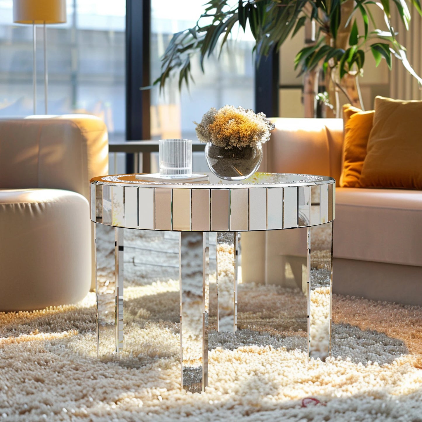 Round Mirrored Accent Table Silver Mirror Glass Tabletop with Bling Crushed Diamond Edge Frame and Crystal Mirror Legs