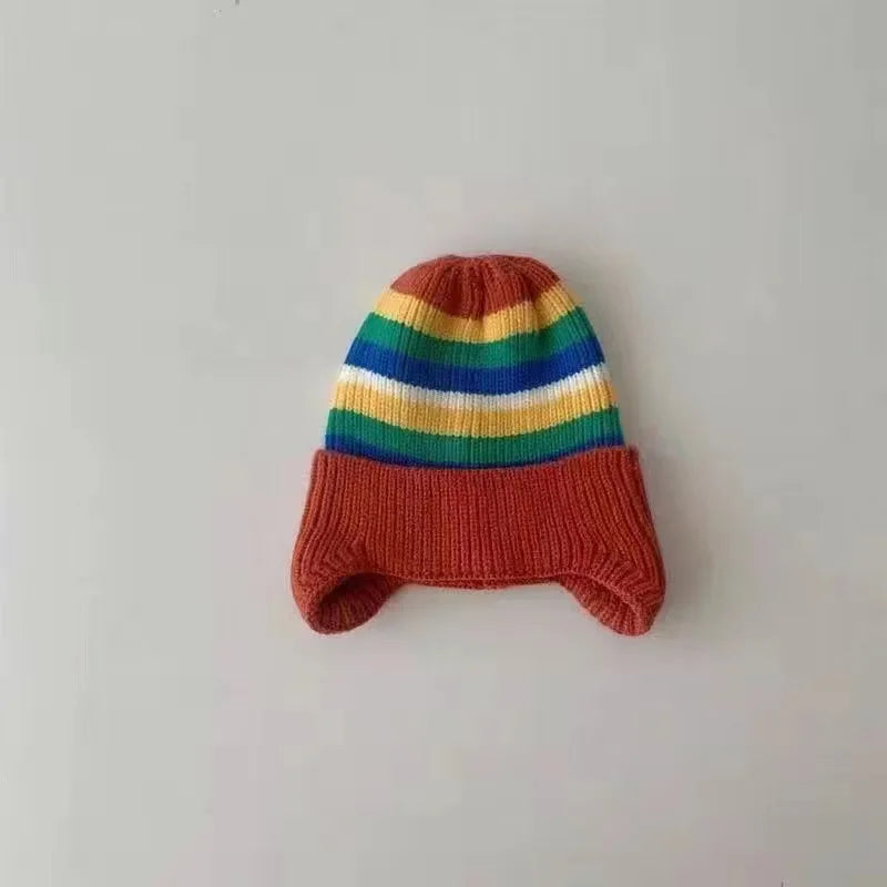 Winter Baby Knit Hat Korean Striped Rainbow Kids Beanie 1-4Year Boy Girl Warm Ear Protection Cap Colorful Children Earmuffs Caps