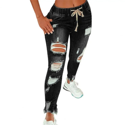 Stretchy Ripped Hole Jeans Women 2024 Straight Denim Trousers Female High Waist All-Match Casual Denim Pants New Streetwear