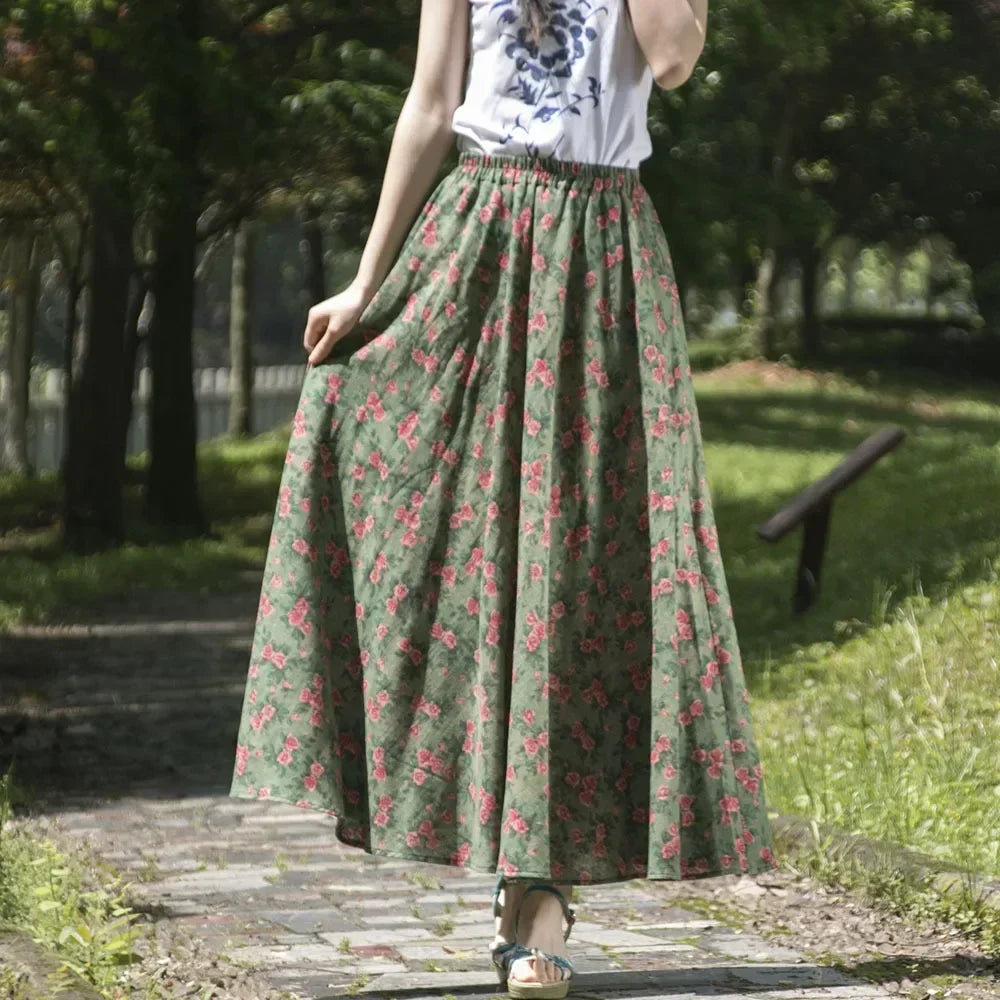 Fashion Summer Cotton Linen Women Skirt Saia Casual Vintage y2k Print Long Skirts Woman Clothes Bohemian Faldas Maxi Bottom Jupe