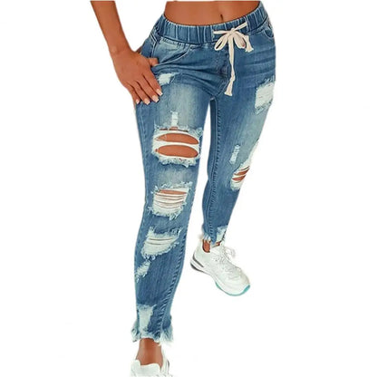 Stretchy Ripped Hole Jeans Women 2024 Straight Denim Trousers Female High Waist All-Match Casual Denim Pants New Streetwear