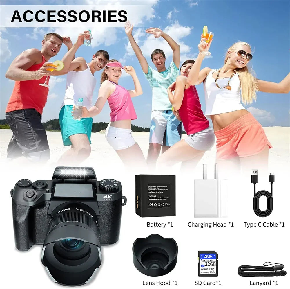 4K HD Digital Camera DSLR Camcorder 64MP Auto Focus Photography YouTube Streaming 16X Zoom Optical 4.0"Touch Screen Video Camera