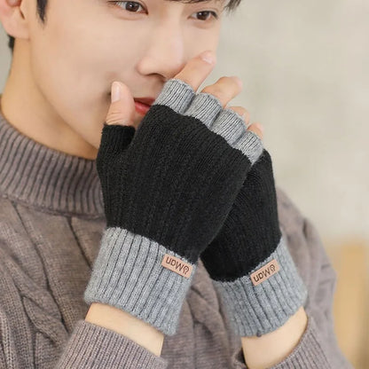 Men Winter Fingerless Half Finger Knitted Gloves Office Knitted Warm Exposed Finger Thick Gloves Elastic Driving Gloves