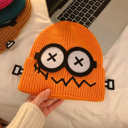 Kpop Cute Cartoon Cuff Beanie Cap Women's Candy Color Big Eyes Smile Skullies Hat Fashion Streetwear Student Warm Winter Knitted