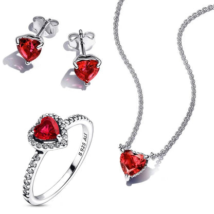 925 Sterling Silver Pandora Sparkling Red Heart Necklace Ring Earrings Jewelry Set for Women Birthday Anniversary Gift