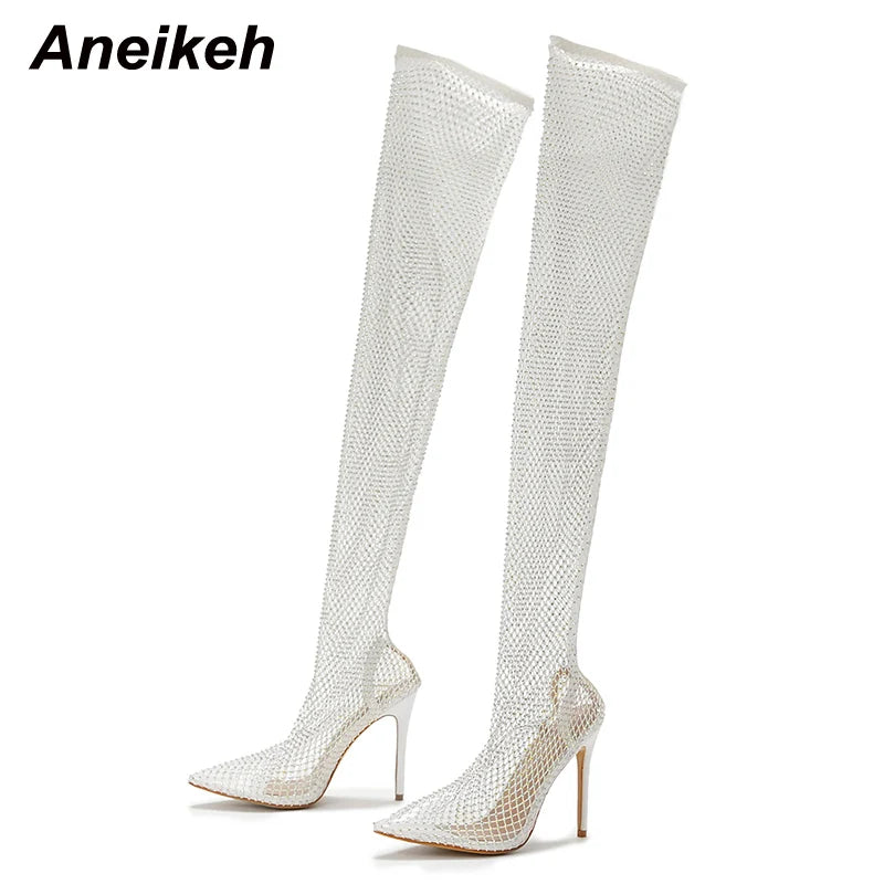 Aneikeh Sexy Bling Rhinestone Mesh Shoes Over The Knee Boots Women Pointed Toe Sandals Nightclub High Heels Botas Femininas 2024