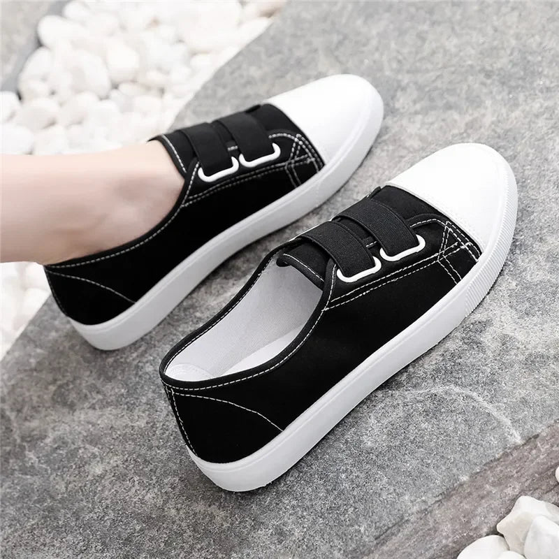 Lady Classic Round Toe White Canvas Shoes for Student School Women Cool Black Comfort Street Lace Up Shoes Zapatos De Mujer F921