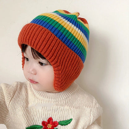 Winter Baby Knit Hat Korean Striped Rainbow Kids Beanie 1-4Year Boy Girl Warm Ear Protection Cap Colorful Children Earmuffs Caps