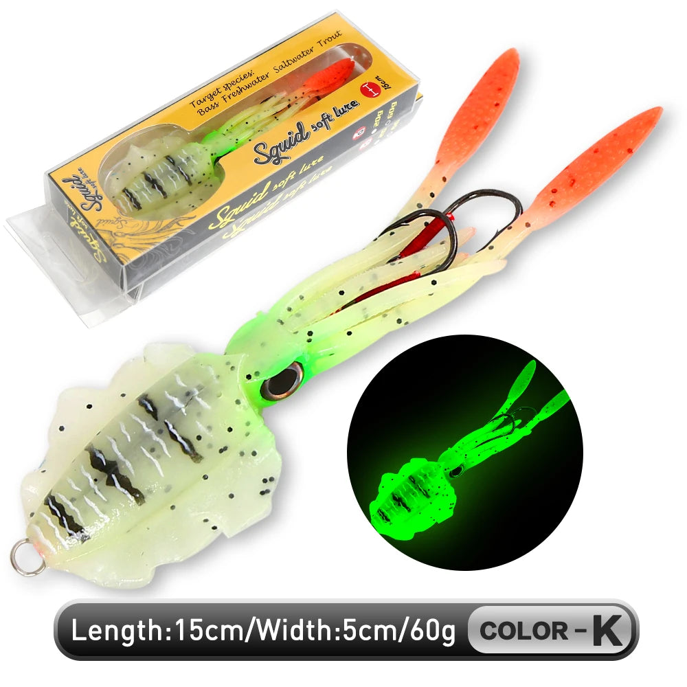 ZUKIBO Soft Squid Bait Fishing Trolling Lure Octopus Head Jigs 60g Luminous UV Squid Jig for Deep Sea Boat Fishing Wobblers Bait