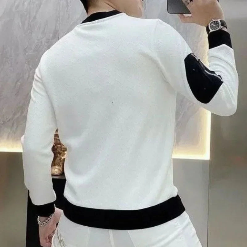 Spring Autumn High Quality Luxury Men's Round Neck T-shirt Male Clothes TrendSlim Long Sleeve Jacquard Pullovers Tops for Men