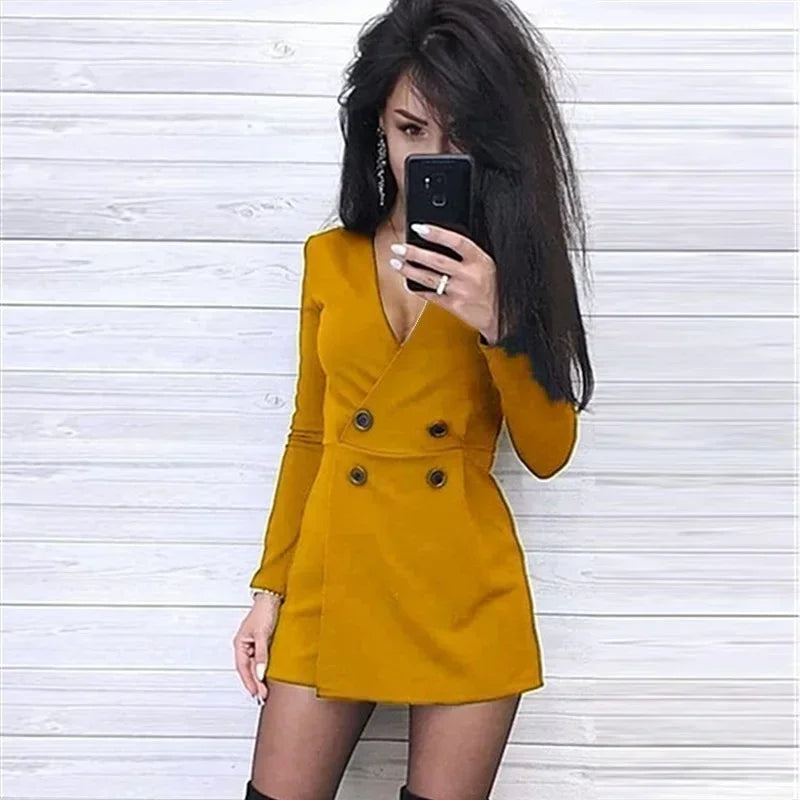 New Spring Women V-Neck Short Skirt Suit Solid Color Fashion Jumpsuit Slim Fit Buttons Long Sleeve Dress Party Dresses Gifts