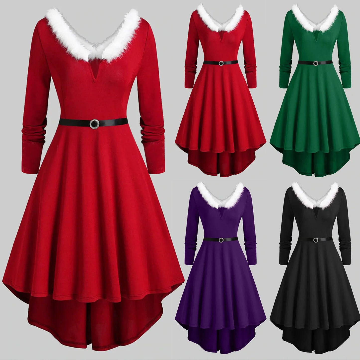 V-Neck Plush Christmas Women'S Dresses Long Sleeve Party Dress Elegant Ladies Red Vestidos Autumn Winter High Waist A-Line Dress