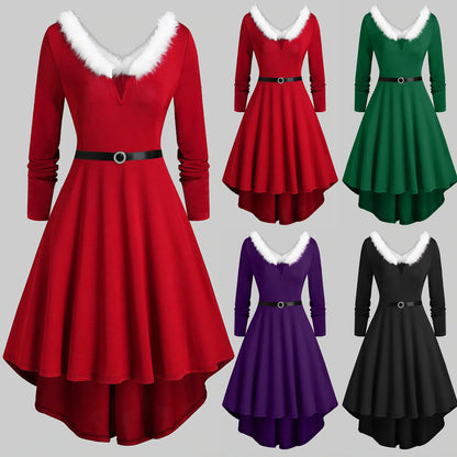 V-Neck Plush Christmas Women'S Dresses Long Sleeve Party Dress Elegant Ladies Red Vestidos Autumn Winter High Waist A-Line Dress