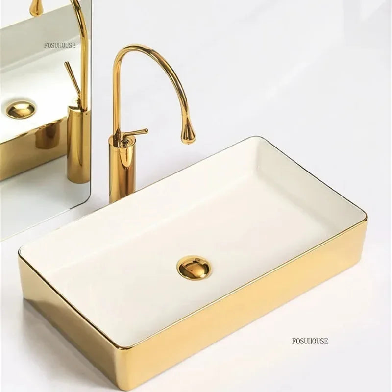 Luxury Gold Ceramic Tabletop Bathroom Sinks Home Hotel European Minimalist Household Washbasin Square Bathroom Wash Basins d