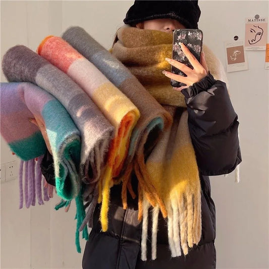 2024 Winter Thick Warm Scarf Women Cashmere Shawl and Wraps Pashmina Neckerchief Bufanda Female Rainbow Hairy Tessel Echarpe New