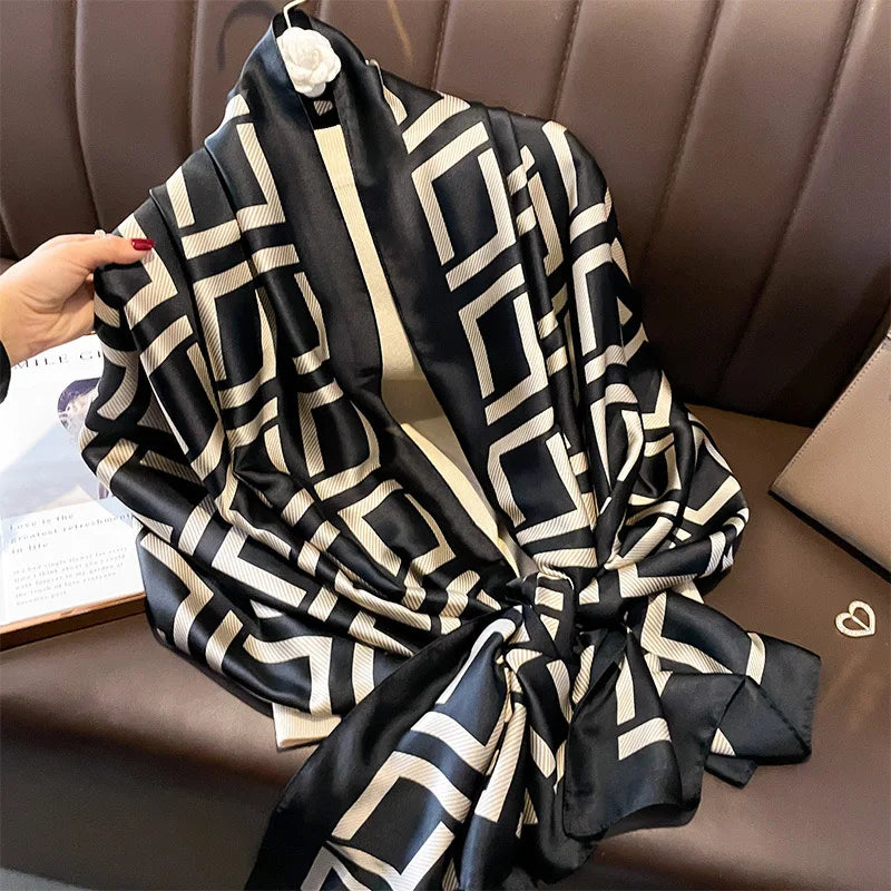 Women Fashion Print Silk Scarf Luxury Brand Warm 180X90CM Scarves Popular Lrage Satin Finish Shawl The Four Seasons Design Hijab