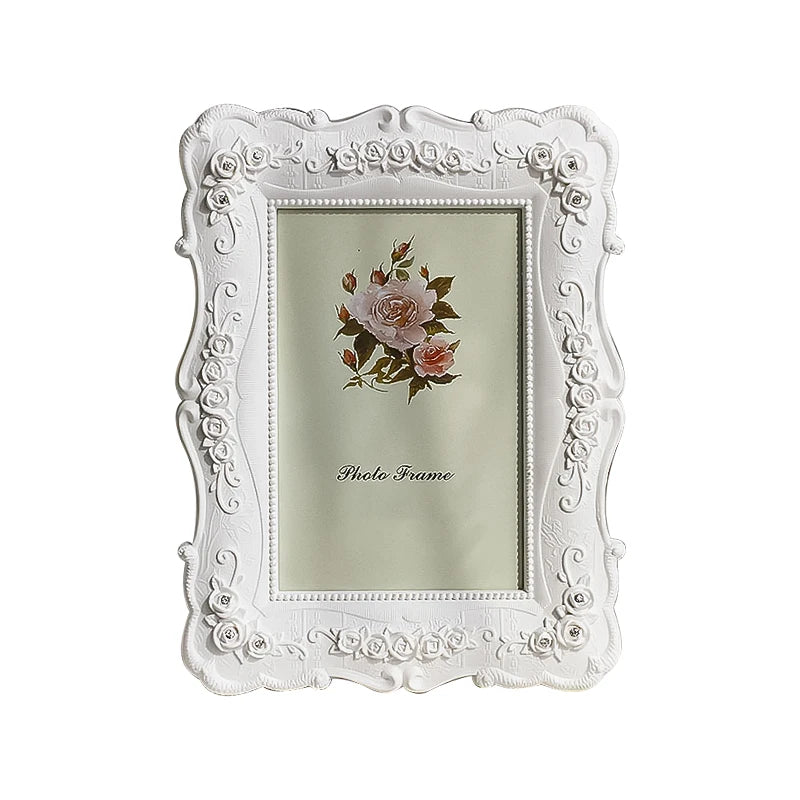 6/7/8inch Retro White Photo Frame European Style Resin Rose Flower Poster Picture Frame Stand Home Office Tabletop Decoration