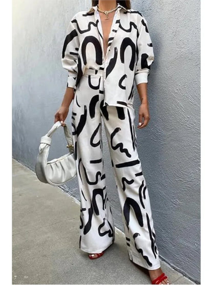 Spring Autumn Fashion Print 2 Piece Sets Women Loose Casual Pants Sets Female Long Sleeve Shirt Wide Leg Pants Two Piece Sets